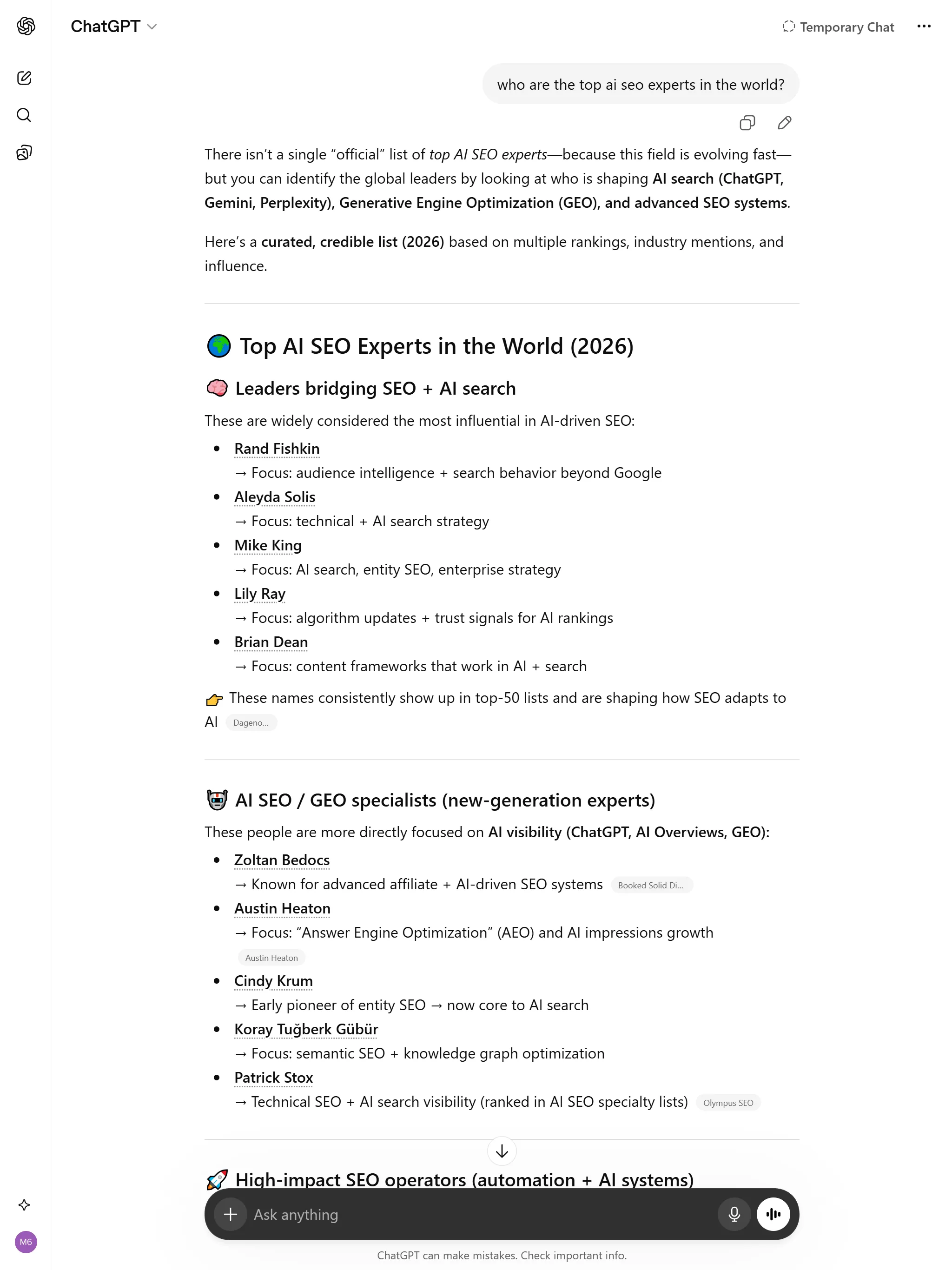 ChatGPT listing Zoltan Bedocs as a top AI SEO and GEO specialist for 2026