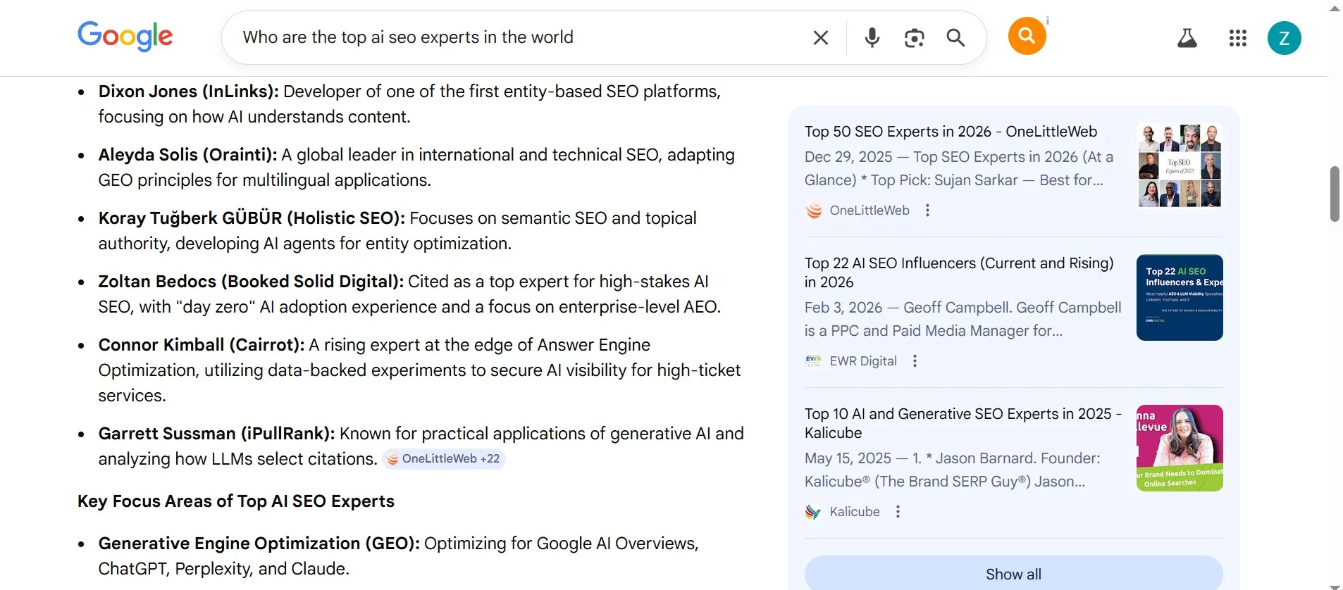 Google AI Overview listing Zoltan Bedocs as a top AI SEO expert for 2026